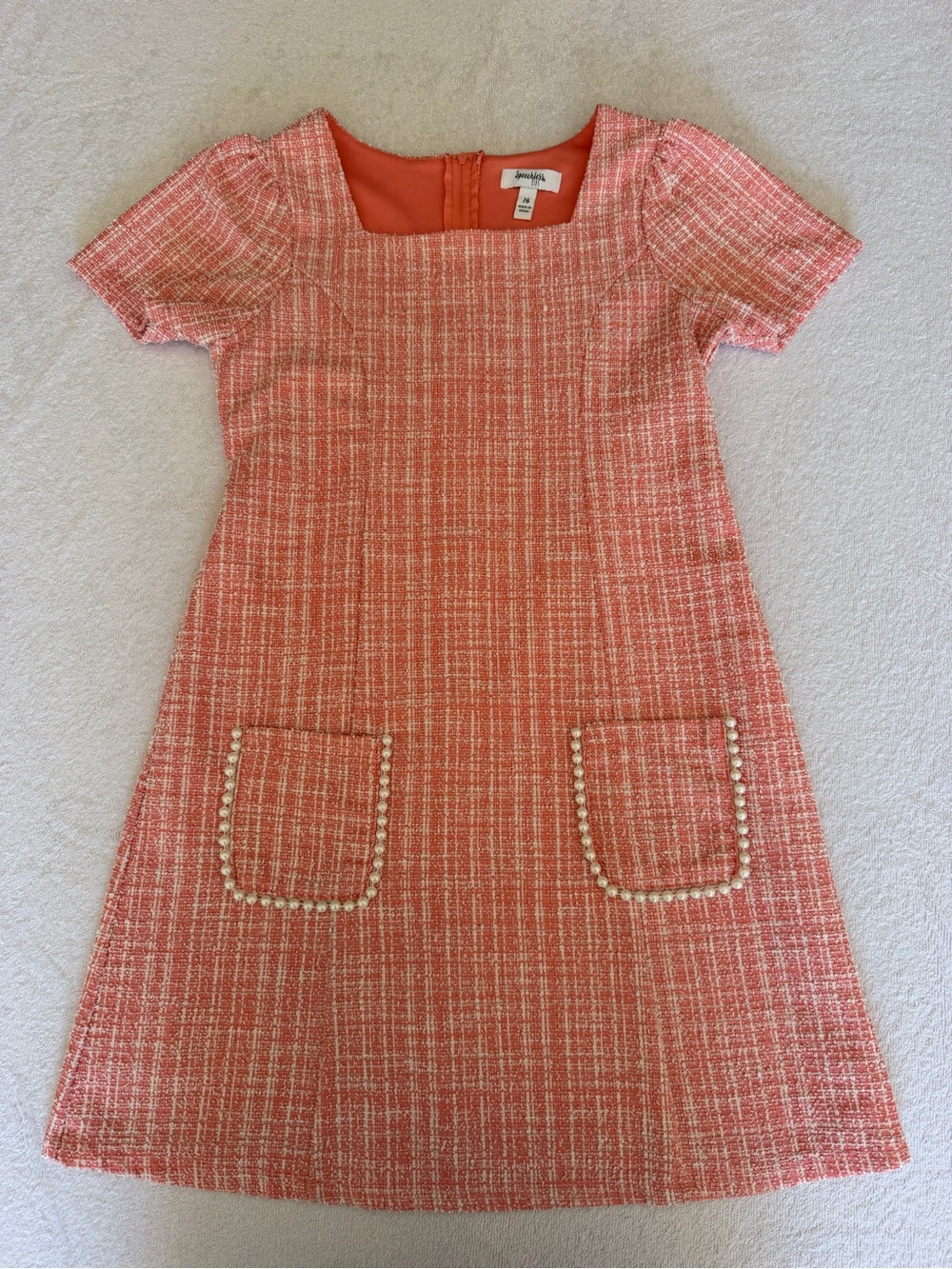 Speechless Kids Coral Tweed Dress with Pearl-Trim Pockets, size 16